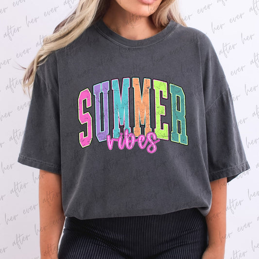 Neon Summer Vibes Varsity Distressed