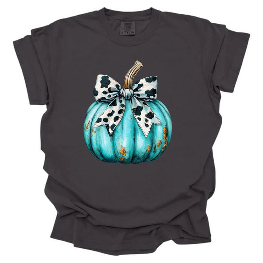 Turquoise Pumpkin with Cow Print Bow