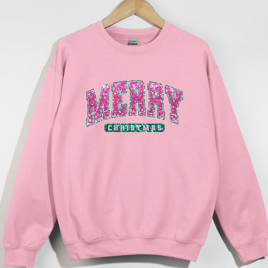 Faux Sequins Merry Christmas Pink and Green